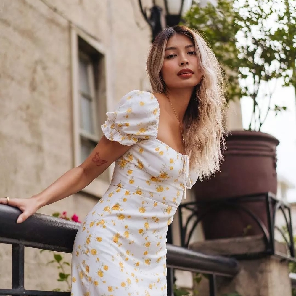 Sundae Muse White & Yellow Floral Puff Sleeve Milkmaid Tie Front Midi Dress - Picture 8 of 11